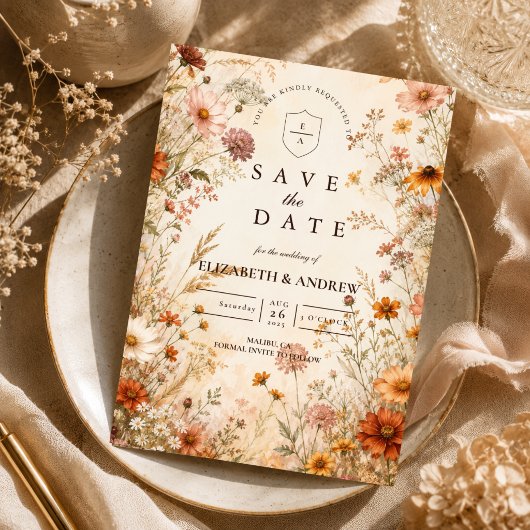 Romantische herfstbloemenen bruiloft save the date