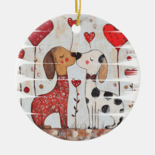 Romantische honden met hartballonnen keramisch ornament