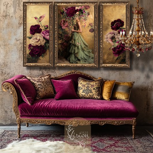 Romantische Hummingbird & Bourgogne Bloemen op Gou Tissuepapier