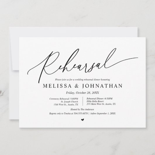 Romantische huwelijksceremonie en diner repetitie kaart (Voorkant)