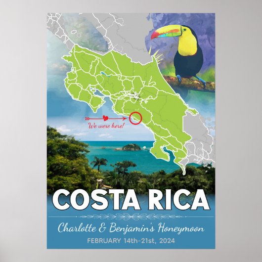Romantische huwelijksreis Costa Rica Kaart Poster (Voorkant)