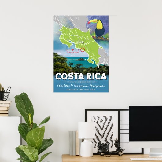 Romantische huwelijksreis Costa Rica Kaart Poster (Thuiskantoor)