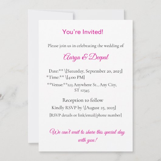 Romantische huwelijksuitnodiging - elegant en tijd kaart (Achterkant)