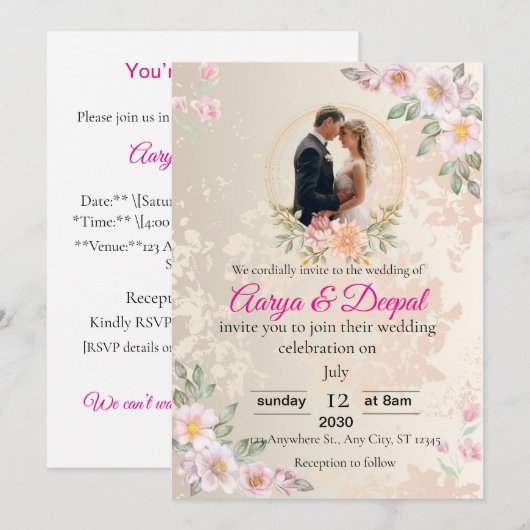 Romantische huwelijksuitnodiging - elegant en tijd kaart (Voorkant / Achterkant)