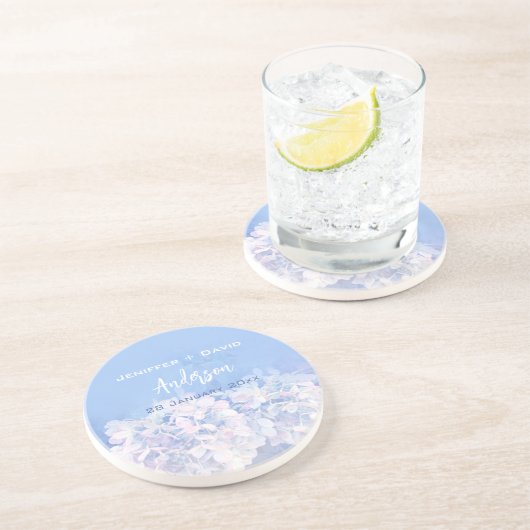 Romantische Hydrangeas Gepersonaliseerde bruiloft Zandsteen Onderzetter (Zijkant)