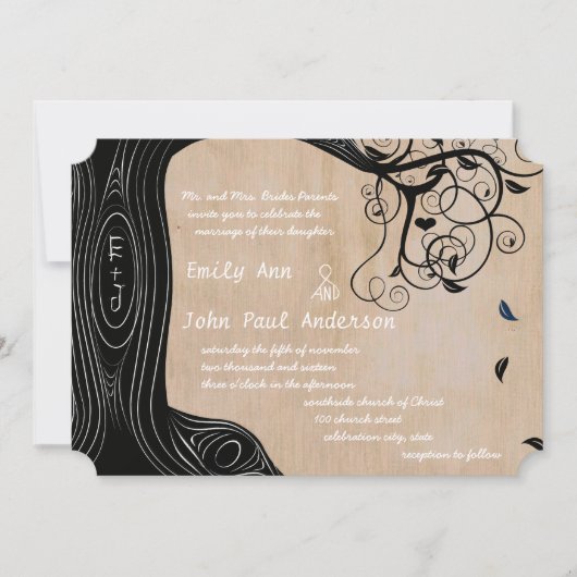 Romantische Initialen in Tree Wedding Invite Kaart (Voorkant)
