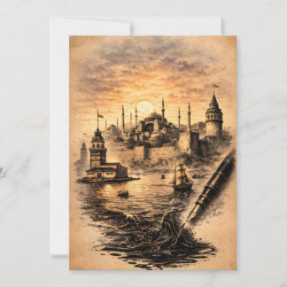 Romantische Istanbul Inktschildering met Historisc Bedankkaart