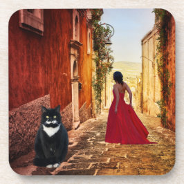 Romantische Italiaanse dorps Tuxedo Kat Coaster Bier Onderzetter
