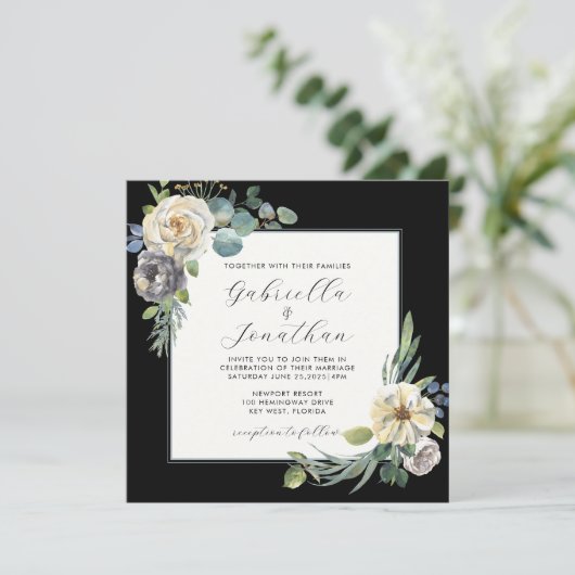 Romantische Ivoor Bloemen Waterverf Zwart Bruiloft Kaart (Staand voorkant)