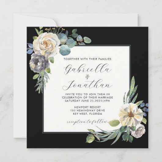 Romantische Ivoor Bloemen Waterverf Zwart Bruiloft Kaart (Voorkant)