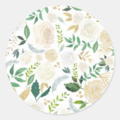 Romantische Ivoren Bloemen en Groen Patroon Wit Ronde Sticker (Voorkant)