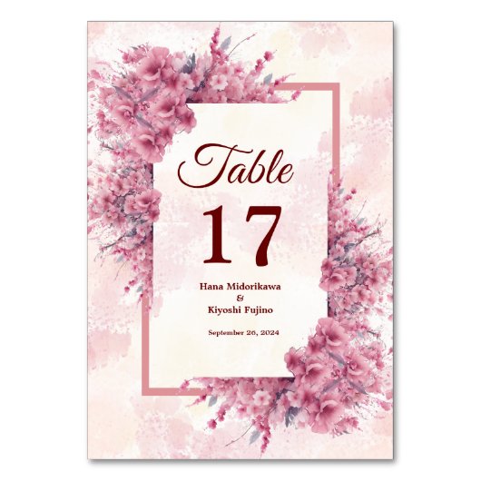 Romantische Japanse roze Cherry Blossom Table Kaar Kaart (Achterkant)