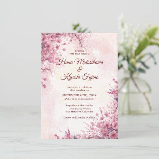 Romantische Japanse roze kerry Blossom Wedding Kaart (Staand voorkant)