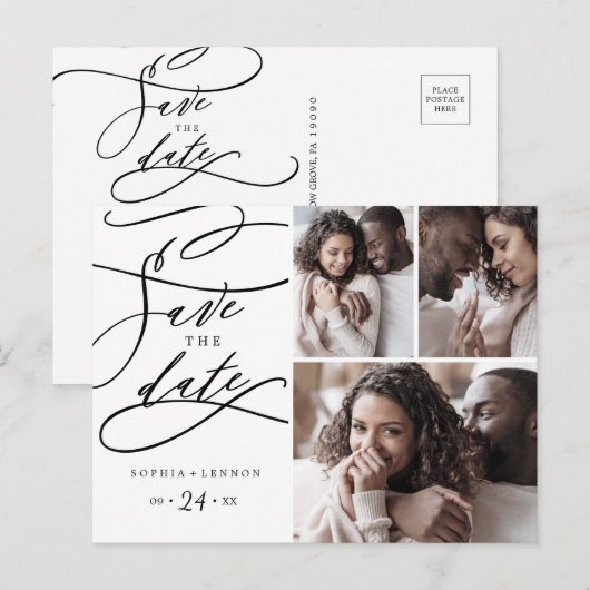 Romantische kalligrafie 3 Foto Opslaan Datum Uitnodiging Briefkaart (Voorkant / Achterkant)