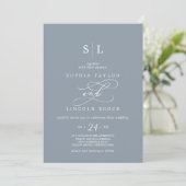 Romantische kalligrafie Blue & White Monogram Wedd Kaart (Staand voorkant)