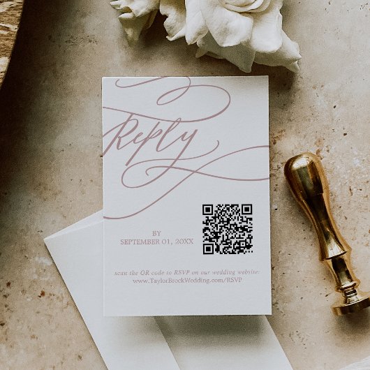 Romantische Kalligrafie Blush Roze QR Code Bruilof RSVP Kaartje