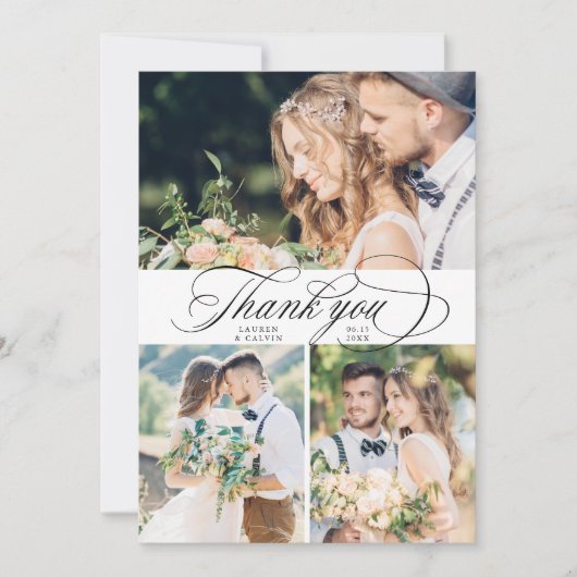 Romantische kalligrafie bruiloft 4 foto bedankkaart (Voorkant)