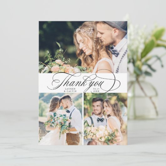 Romantische kalligrafie bruiloft 4 foto bedankkaart (Staand voorkant)