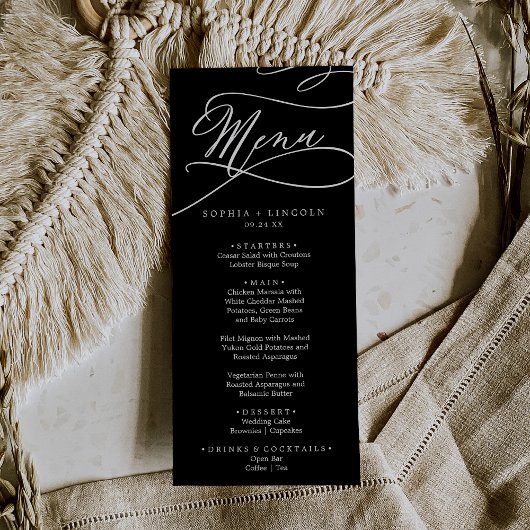 Romantische kalligrafie | Donker zwart bruiloft di Menu