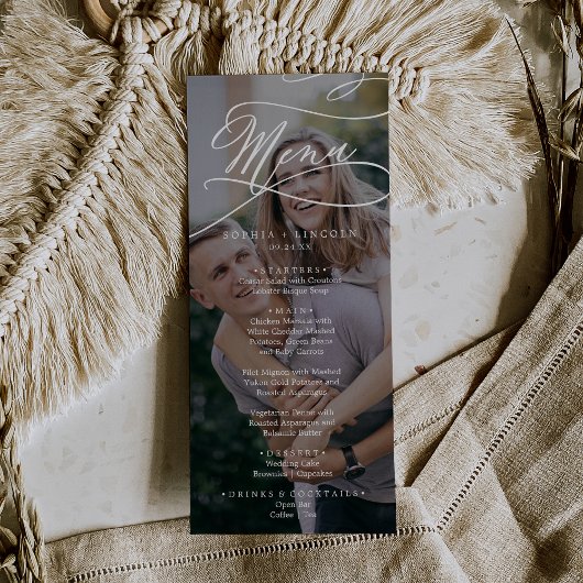 Romantische kalligrafie donkere foto bruiloft dine menu