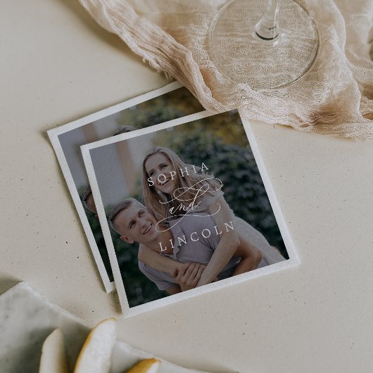 Romantische kalligrafie donkere foto bruiloft serv servet