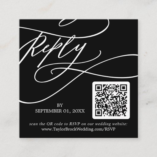 Romantische kalligrafie donkere foto QR-code RSVP Informatiekaartje (Voorkant)