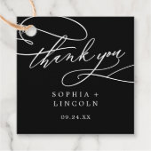 Romantische kalligrafie donkerzwart huwelijk bedan bedankjes labels (Voorkant)