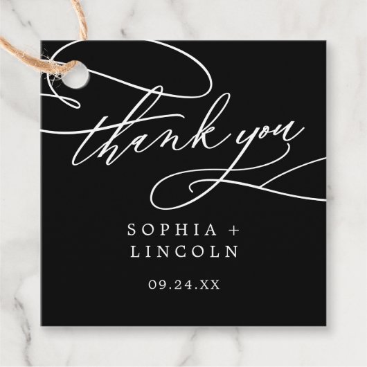 Romantische kalligrafie donkerzwart huwelijk bedan bedankjes labels (Voorkant)