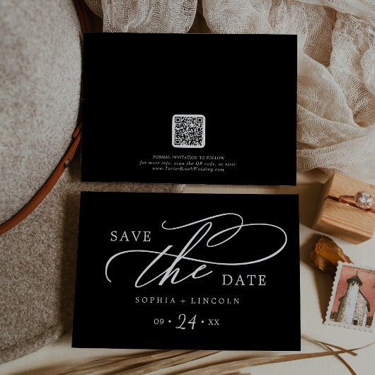 Romantische kalligrafie | Donkerzwarte QR-code Save The Date
