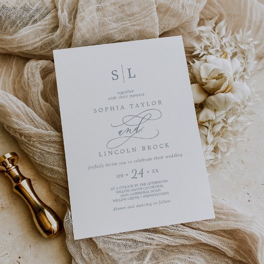 Romantische kalligrafie | Dusty Blue Monogram Wedd Kaart