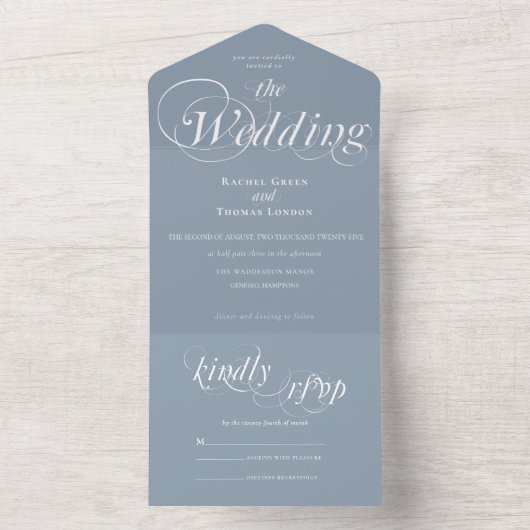 Romantische kalligrafie Dusty Blue Wedding All In One Uitnodiging (Binnen)