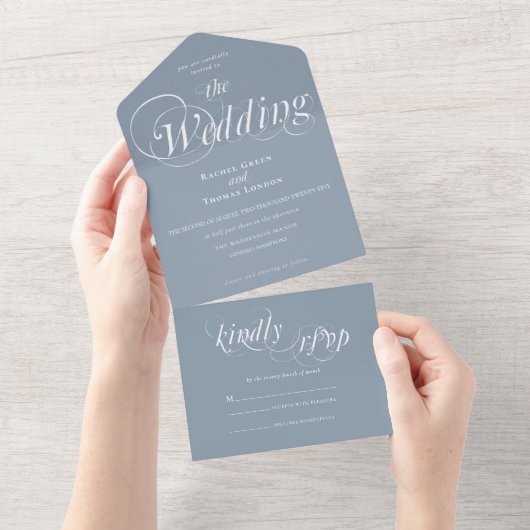 Romantische kalligrafie Dusty Blue Wedding All In One Uitnodiging (Afscheurbaar)