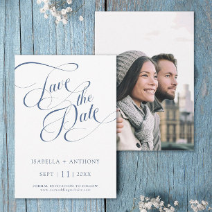 Romantische kalligrafie Dusty Blue Wedding Photo Save The Date