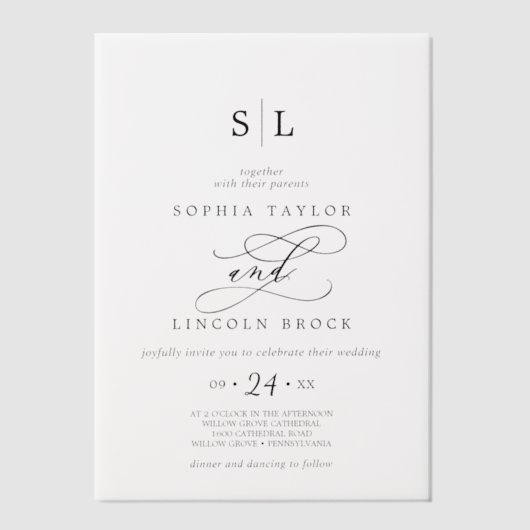 Romantische kalligrafie Eenvoudige klassieke moder Vellum Uitnodigingen (Voorkant)