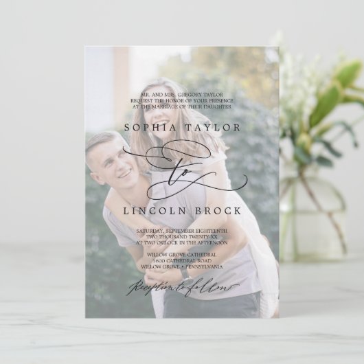 Romantische kalligrafie | Faded-fotoweddenschap Kaart (Staand voorkant)