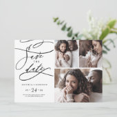 Romantische kalligrafie | Flourish 3 Photo Collage Save The Date (Staand voorkant)
