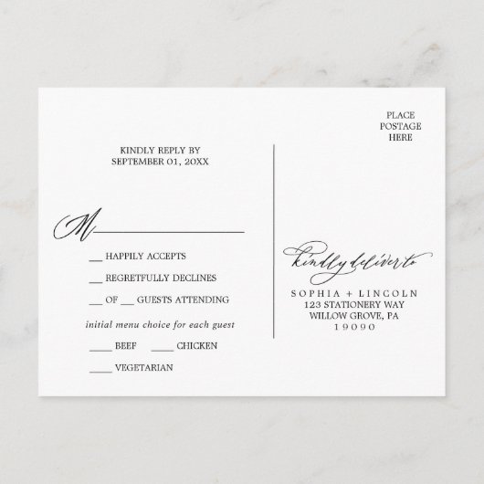 Romantische Kalligrafie Foto Menu Keuze RSVP (Achterkant)