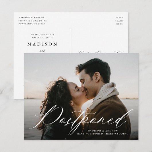 Romantische kalligrafie foto uitstel van de bruilo aankondigingskaart (Voorkant / Achterkant)