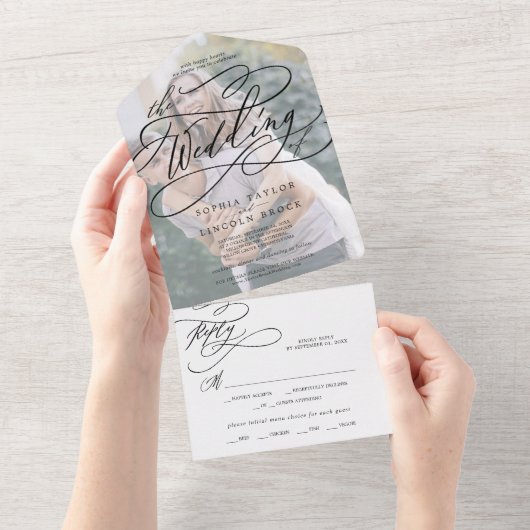 Romantische kalligrafie | Foto van het huwelijk All In One Uitnodiging (Afscheurbaar)
