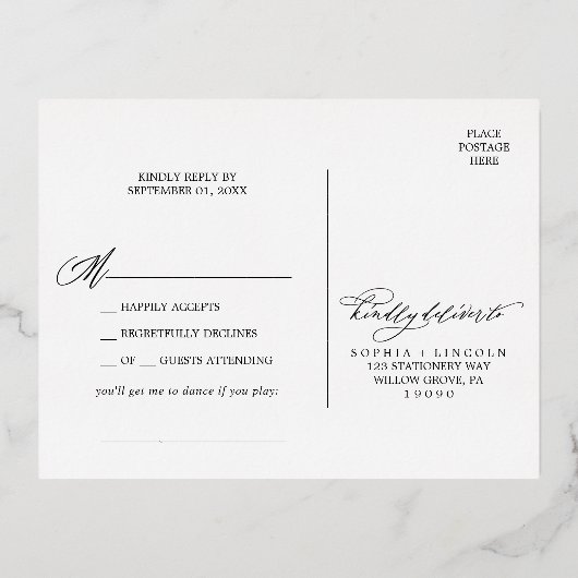 Romantische kalligrafie goud folie en ivoor lied R Folie Uitnodiging Briefkaart (Achterkant)