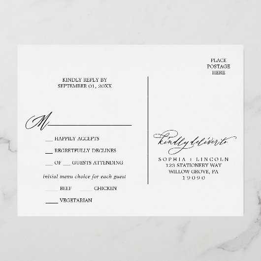 Romantische Kalligrafie Gouden Folie Marine Blauwe Folie Uitnodiging Briefkaart (Achterkant)