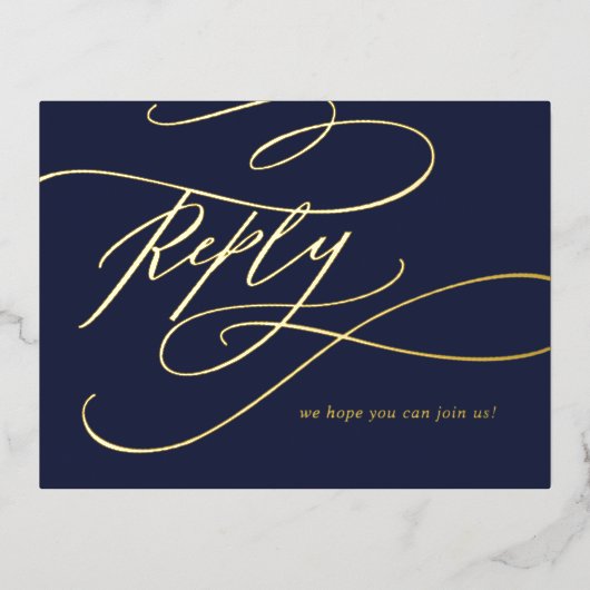 Romantische Kalligrafie Gouden Folie Marine Blauwe Folie Uitnodiging Briefkaart (Voorkant)