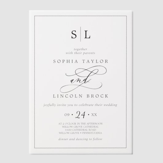 Romantische kalligrafie minimalistische monogram b vellum uitnodigingen (Voorkant)