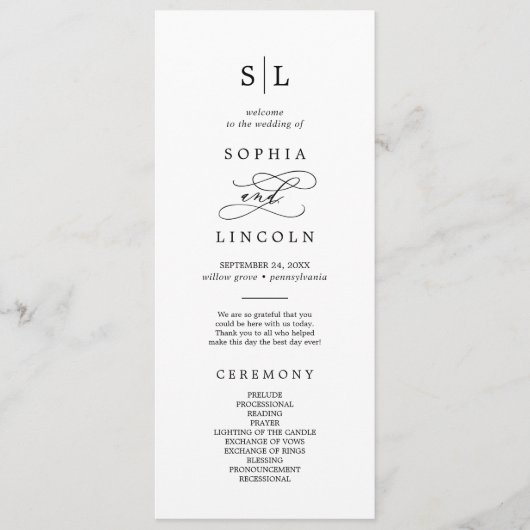 Romantische kalligrafie monogram bruiloft programm programmakaart (Voorkant)
