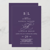 Romantische kalligrafie | Paarse monogram bruiloft Kaart (Voorkant / Achterkant)