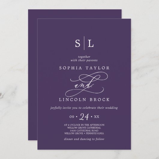 Romantische kalligrafie | Paarse monogram bruiloft Kaart (Voorkant / Achterkant)