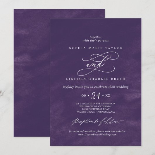 Romantische kalligrafie | Paarse Waterverf bruilof Kaart (Voorkant / Achterkant)