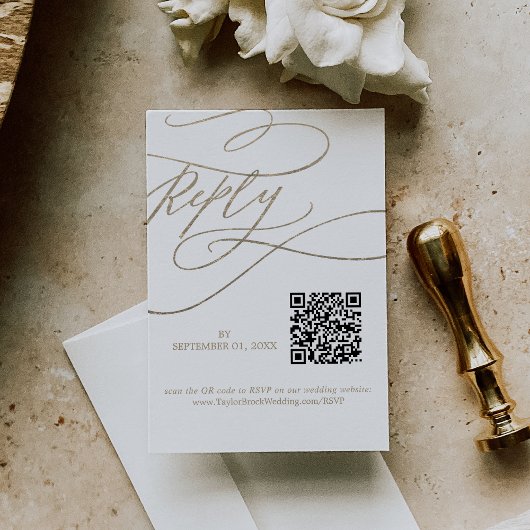 Romantische Kalligrafie QR Code Gouden Bruiloft RSVP Kaartje