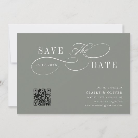 Romantische Kalligrafie QR Code Sage Groen Horizon Save The Date (Voorkant)