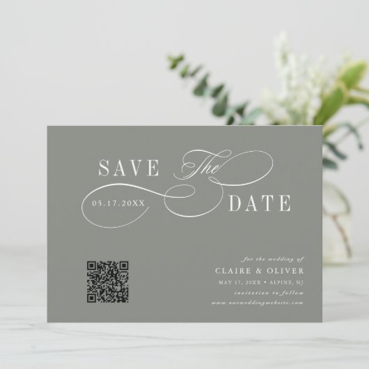 Romantische Kalligrafie QR Code Sage Groen Horizon Save The Date (Staand voorkant)
